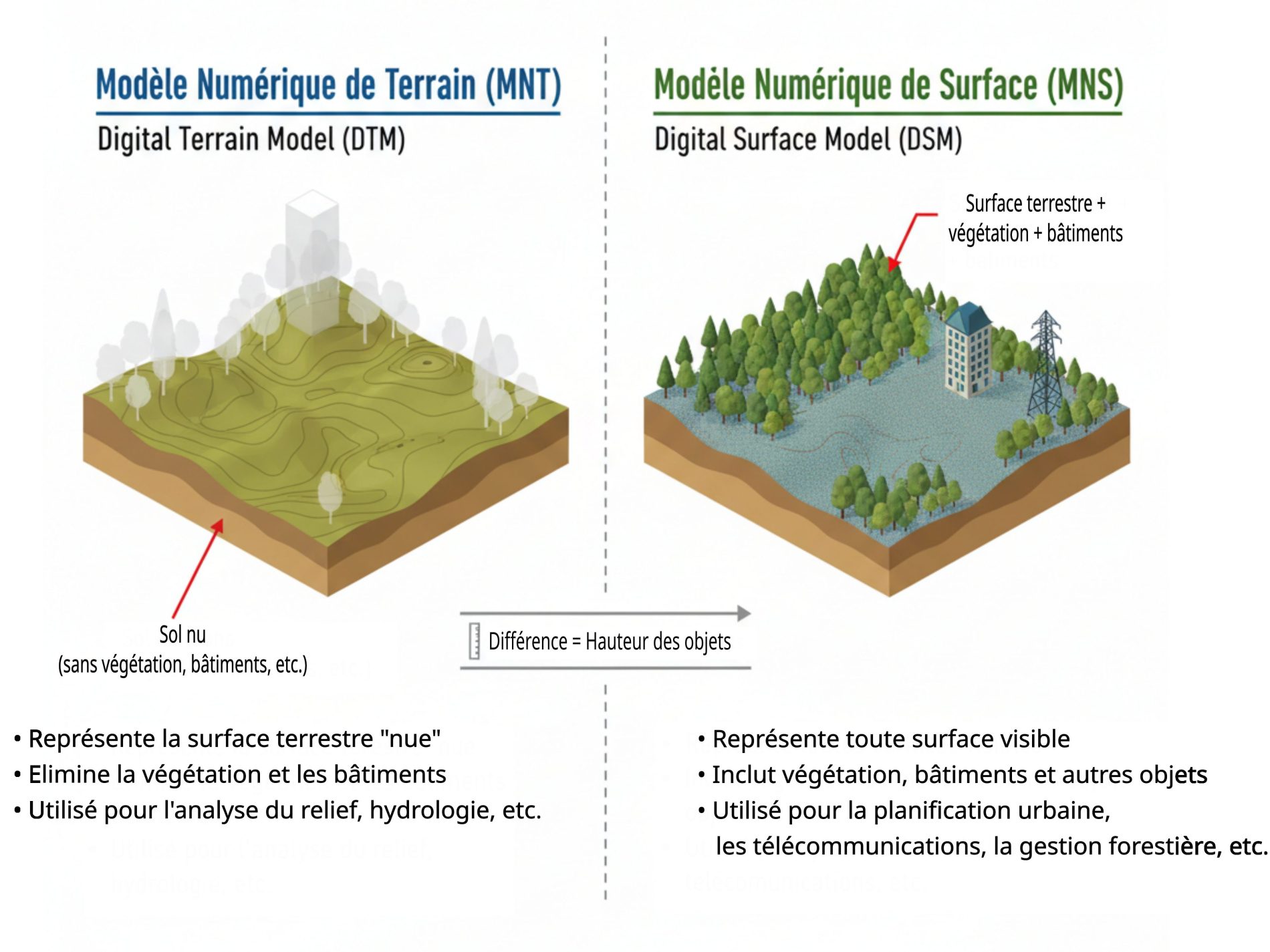 Dessin expliquant la différence entre un Modèle Numérique de Terrain et un Modèle Numérique de Surface