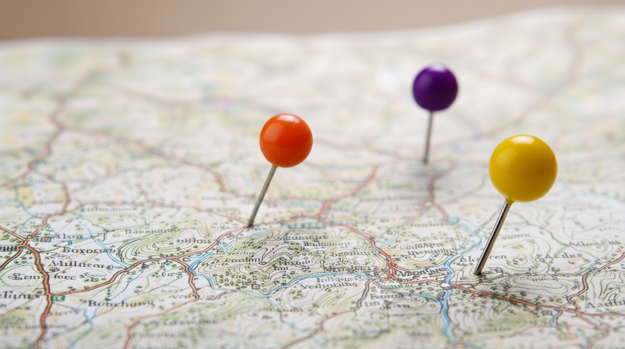 Image d'une carte géographique en papier avec 3 épingles dessus localisant des lieux