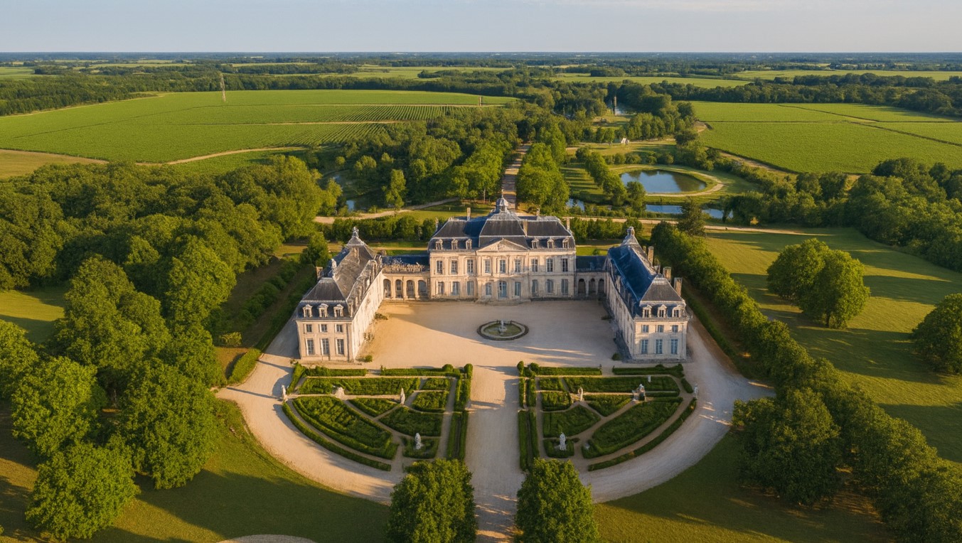 Image aérienne d'un château et de son parc