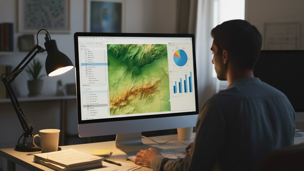 Image d'un géomaticien devant son écran d'ordinateur sur lequel apparait un MNT et des diagrammes