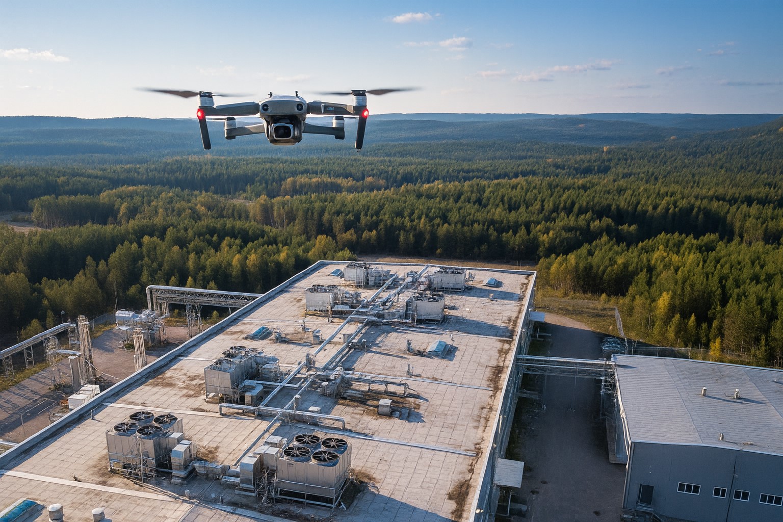 Photo d'un drone en vol au dessus d'un toit d'une usine
