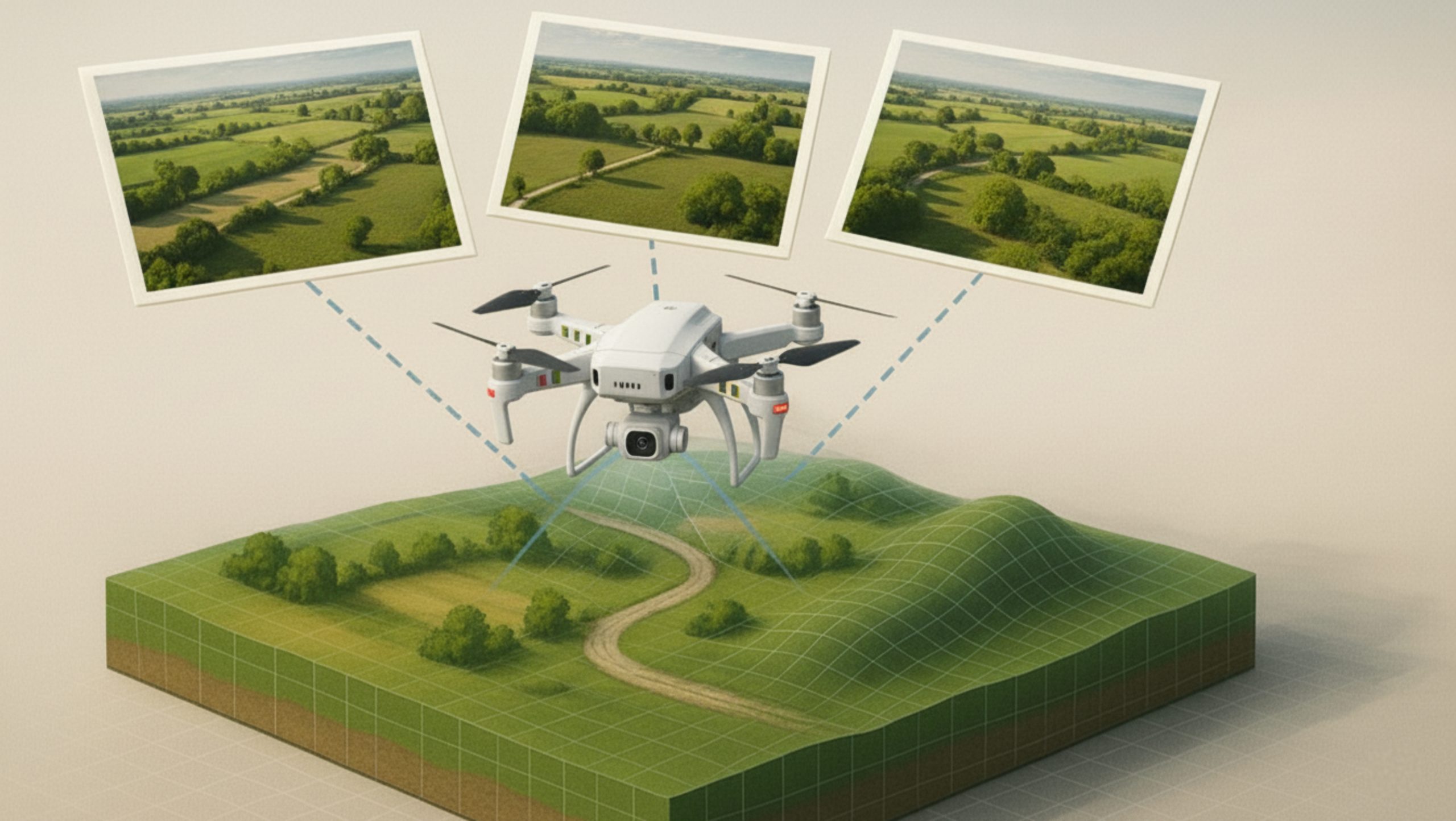Schéma montrant un drone faisant une acquisition d'images aériennes pour la photogrammétrie