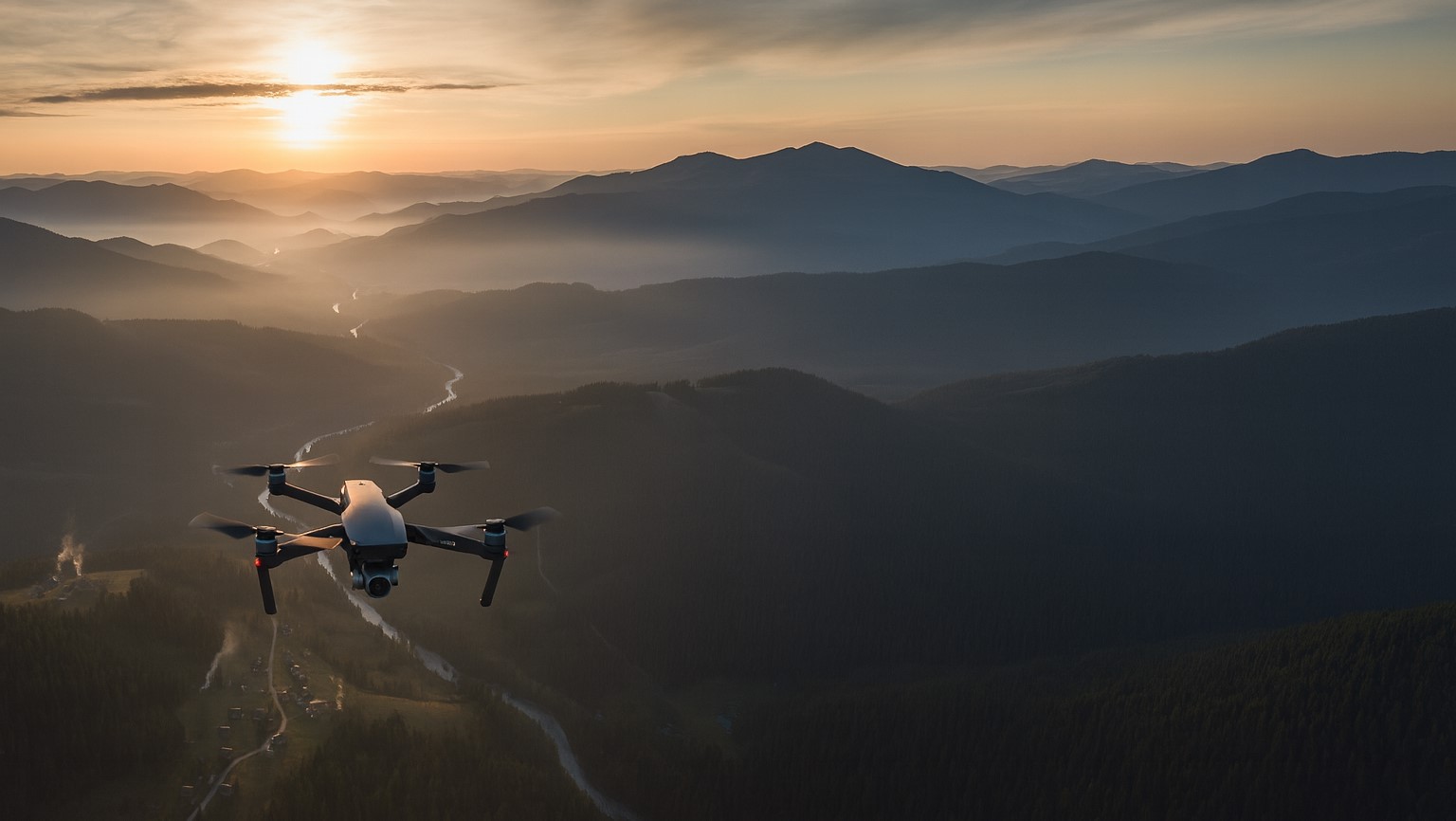 Photo d'un drone en vol devant un paysage au lever du jour