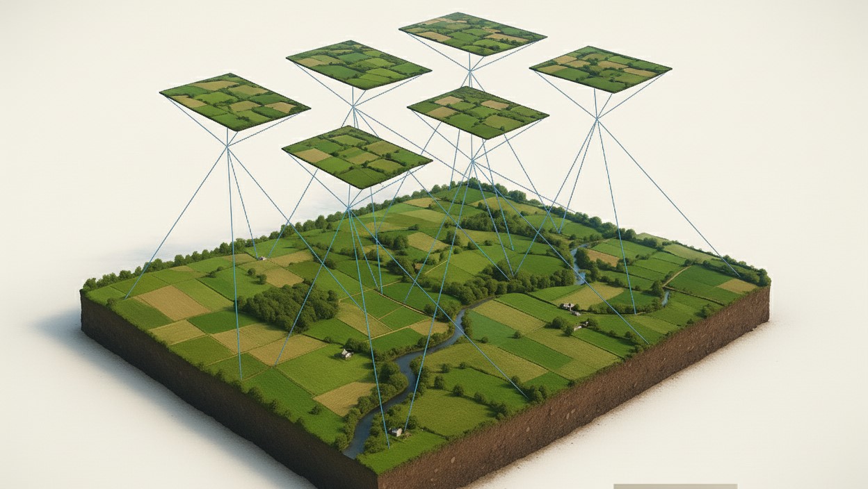 Schéma de relevés topographiques aériens au-dessus d'un territoire rural pour