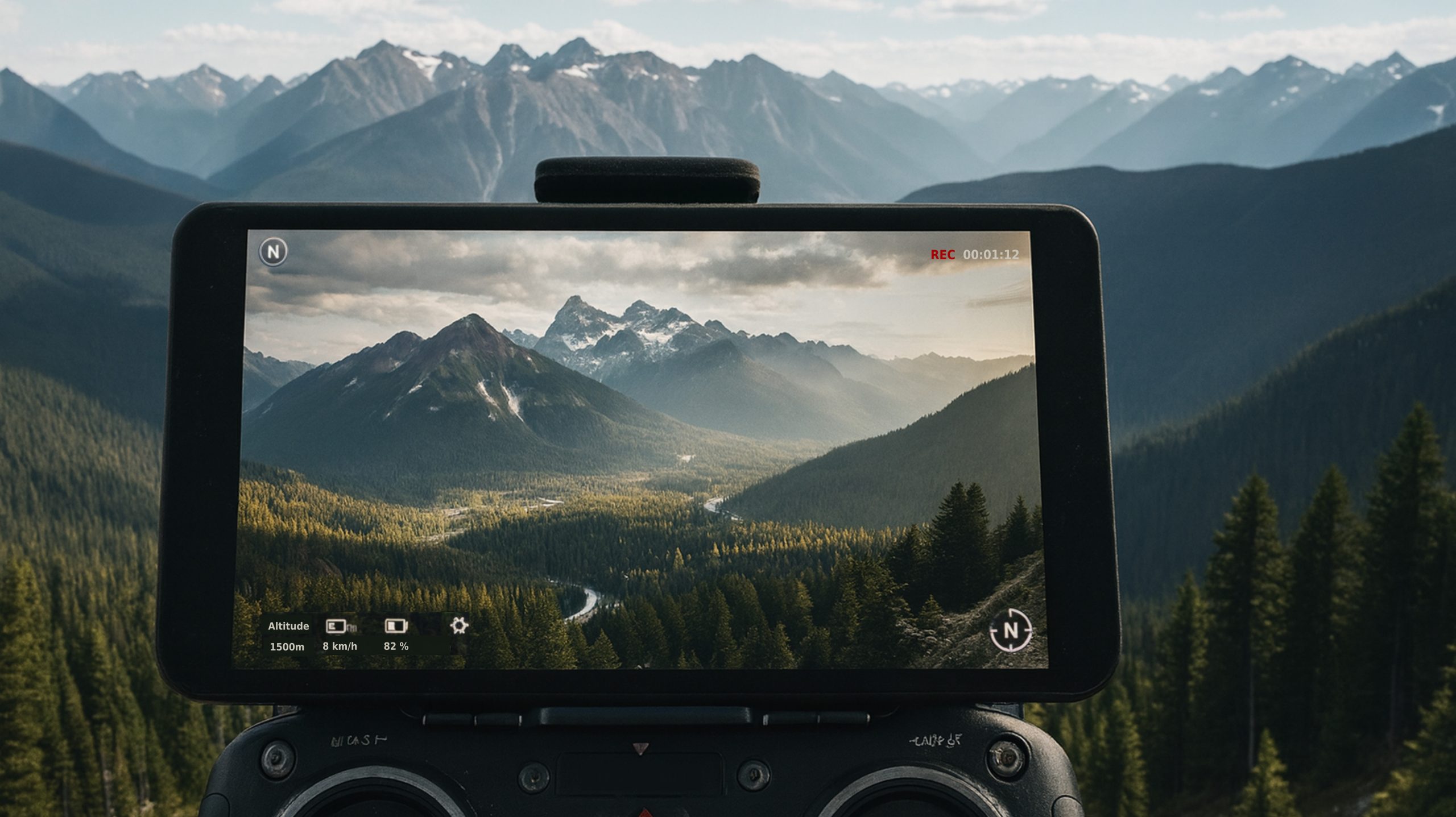 Photo de paysage capté par un drone et retransmis sur une télécommande