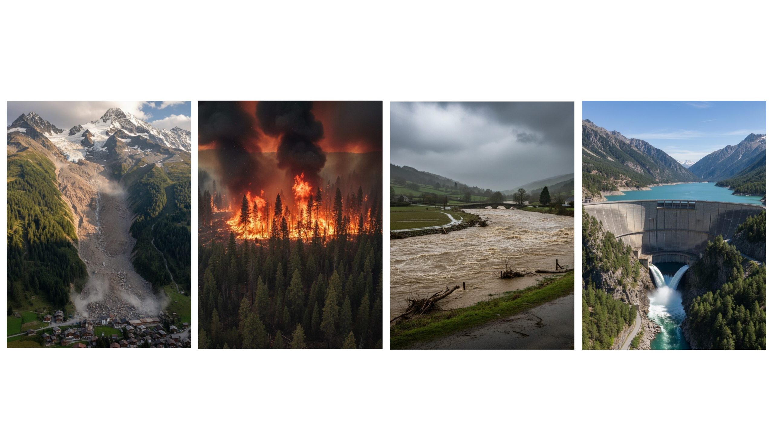 Image représentant un quadriptyque de photos de différents risques (glissement de terrain, feu de forêt, crue, barrage)