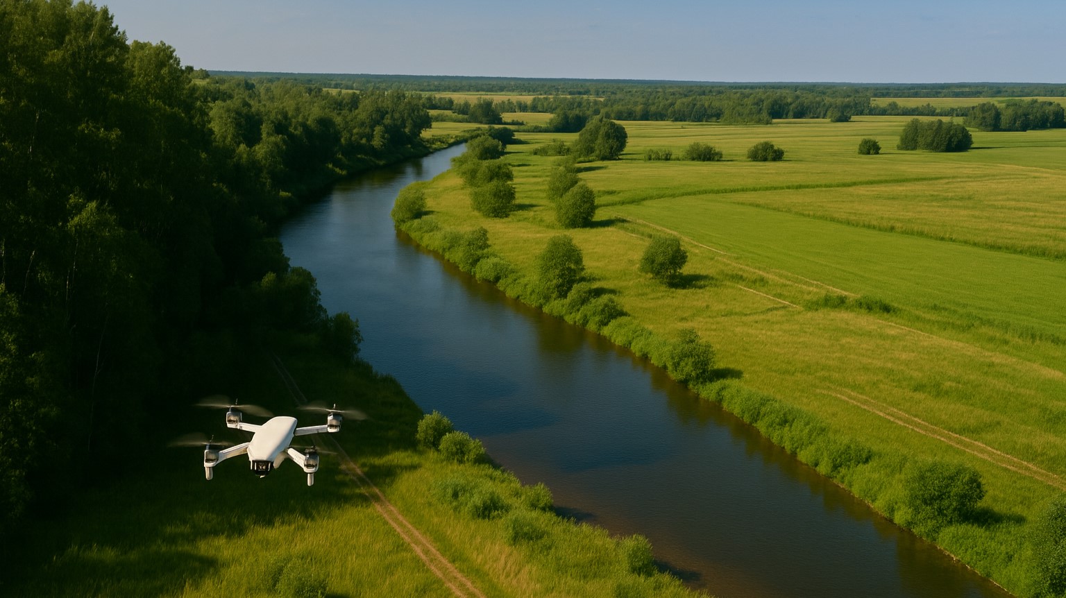 Photographie d'un drone volant au dessus d'espaces naturels tels qu'une rivière, une foret et de la prairie