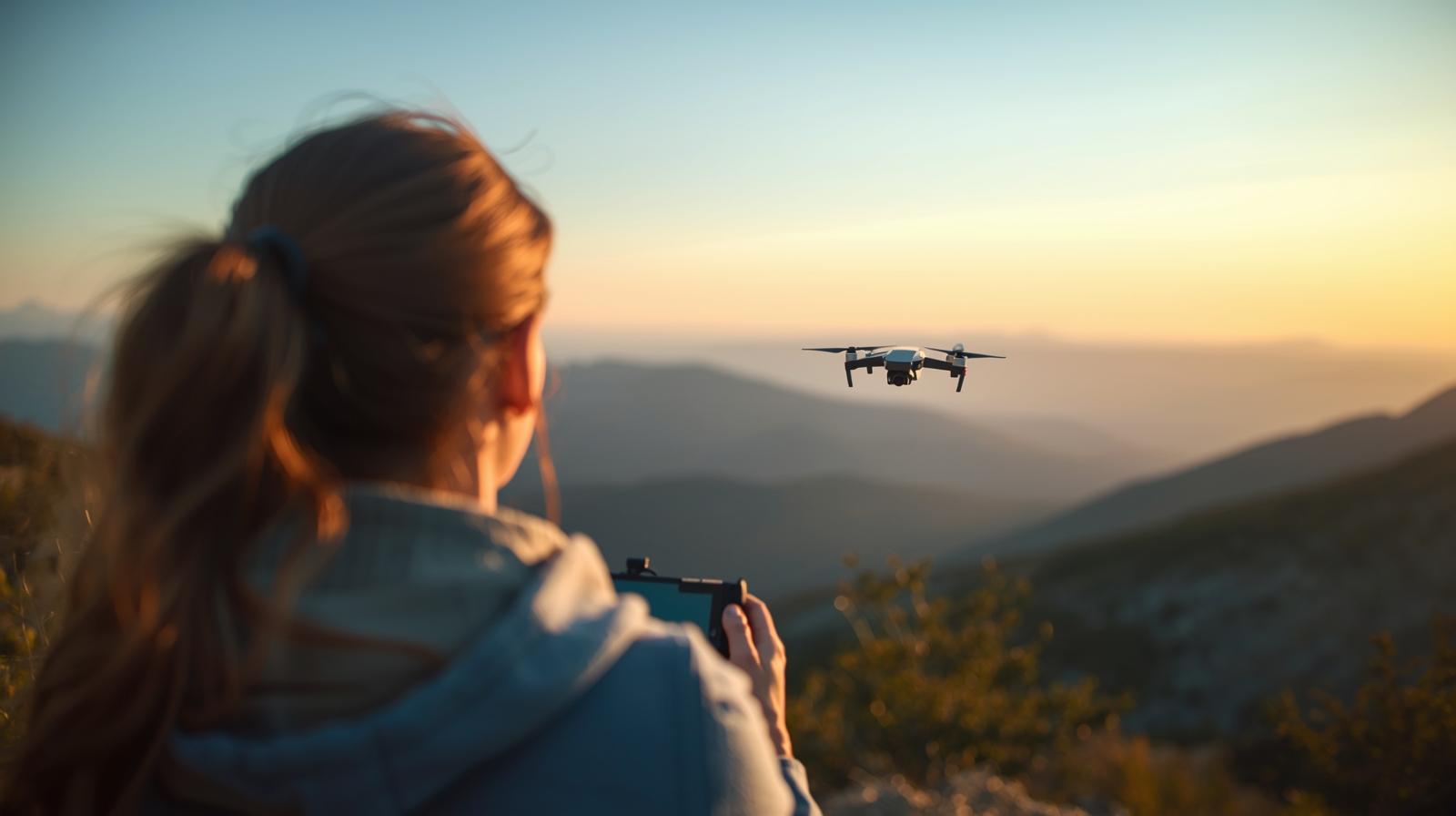 Une femme pilote un drone pour prendre des vue aériennes