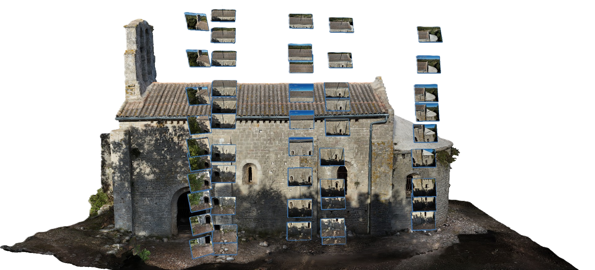 Image montrant un modèle 3D d'une chapelle avec les images aériennes ayant servi à sa construction