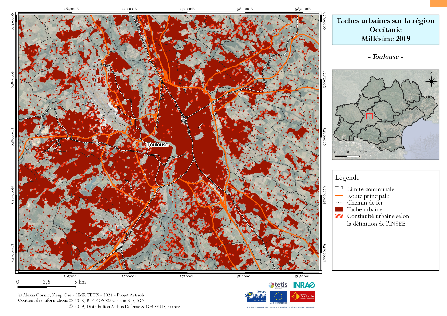 Carte montrant la tâche urbaine de Toulouse