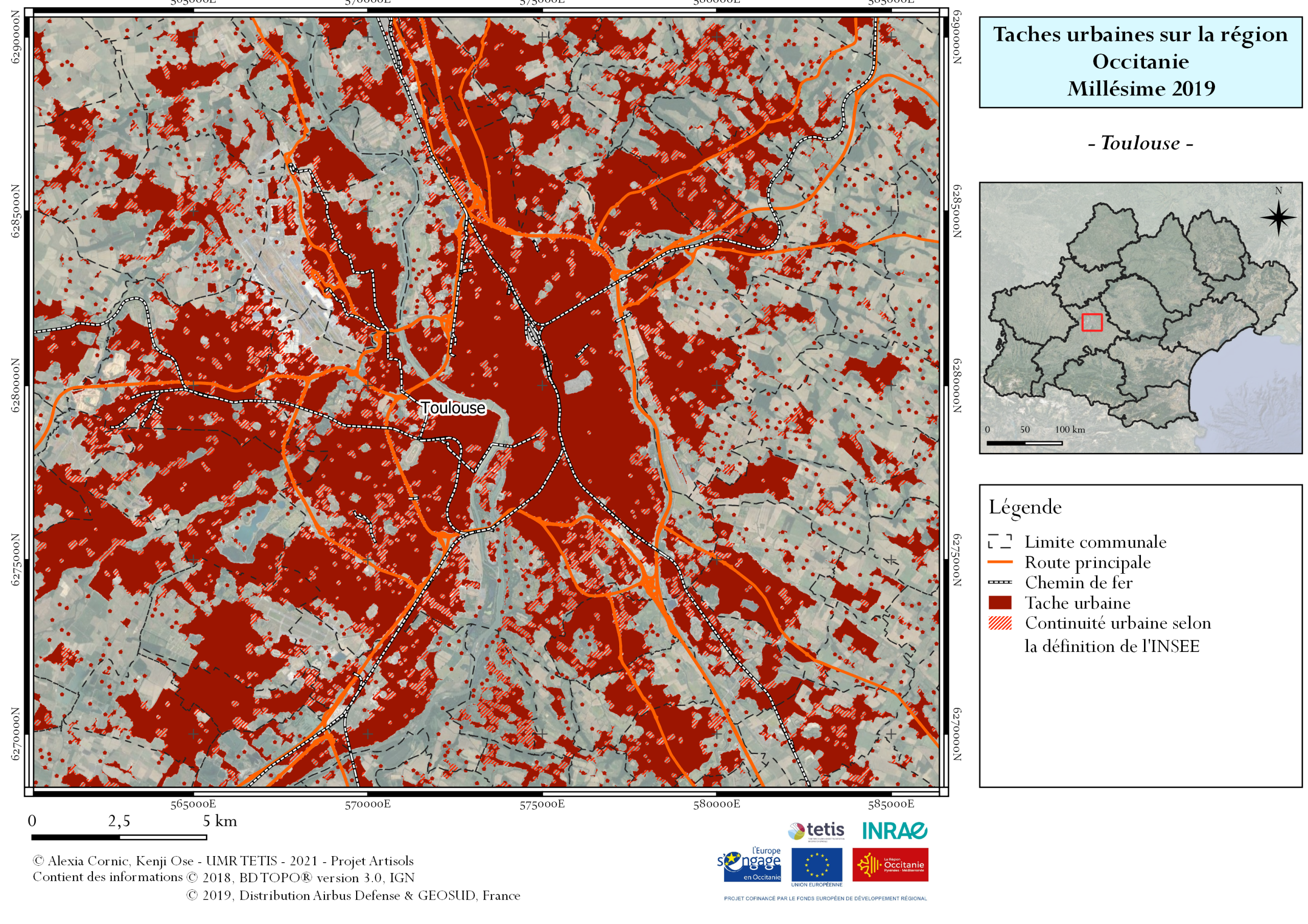 Carte montrant la tâche urbaine de Toulouse