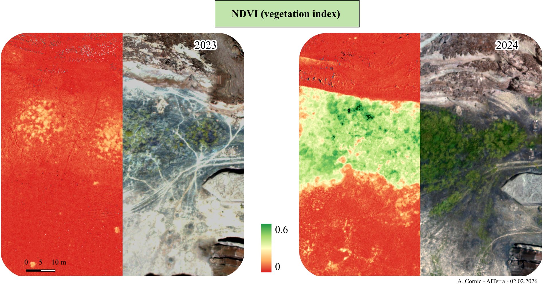 Carte de végétations résultant du calcul d'indices de végétation, ici le NDVI