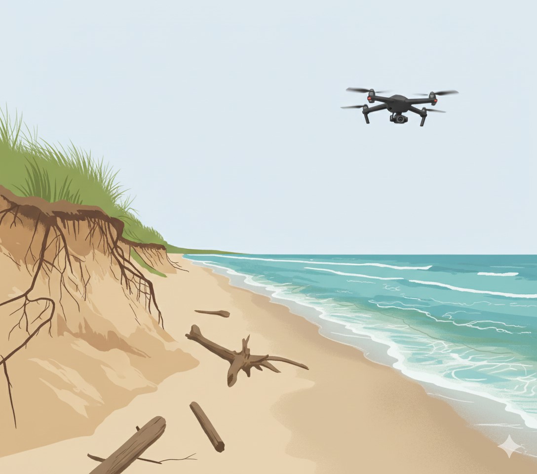 drone le long d'un littoral érodé