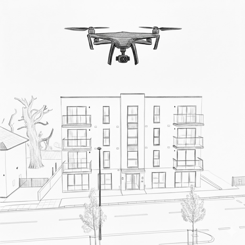 dessin d'un drone au dessus d'un batiment