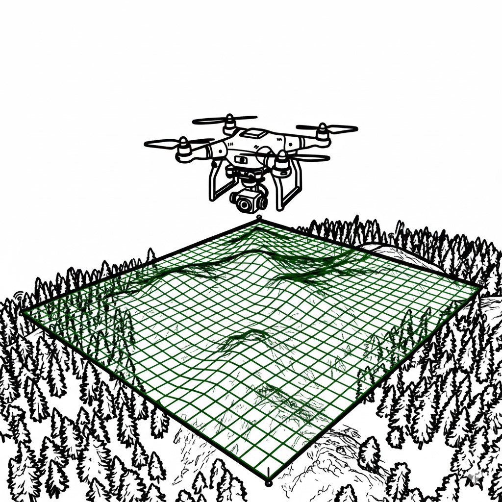 schéma d'un drone qui fait un relevé topographique